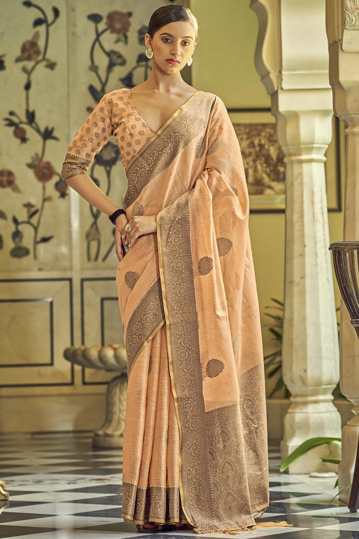 Orange Color Linen Fabric Festival Look Riveting Saree