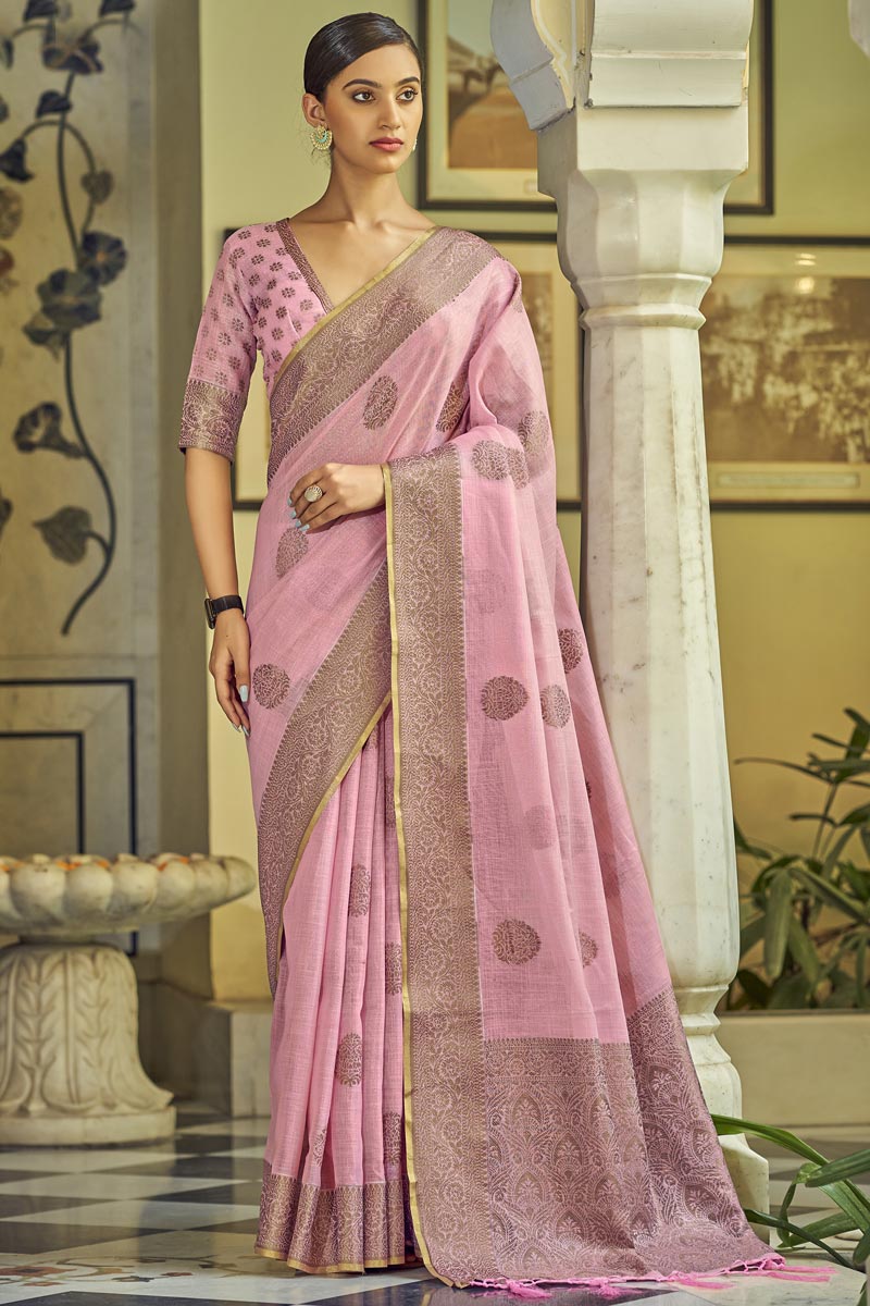 Pink Color Linen Fabric Festival Look Beauteous Saree