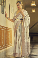 Load image into Gallery viewer, Linen Fabric Off White Color Festival Look Intriguing Saree
