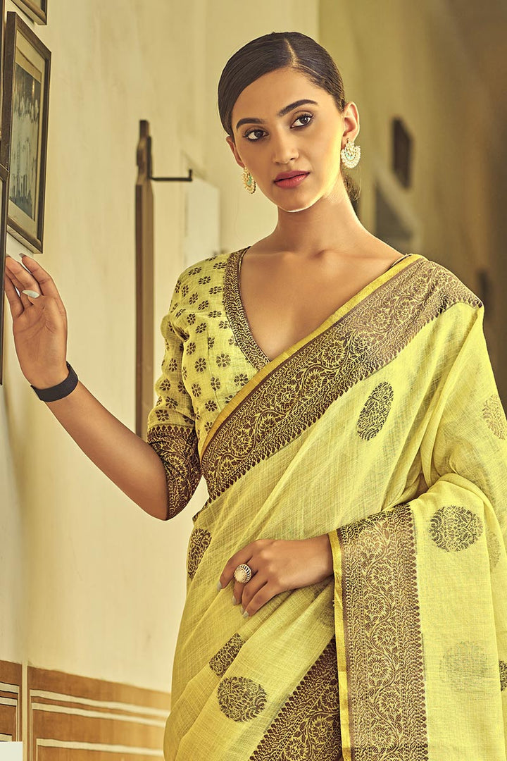Festival Look Yellow Color Enthralling Saree In Linen Fabric