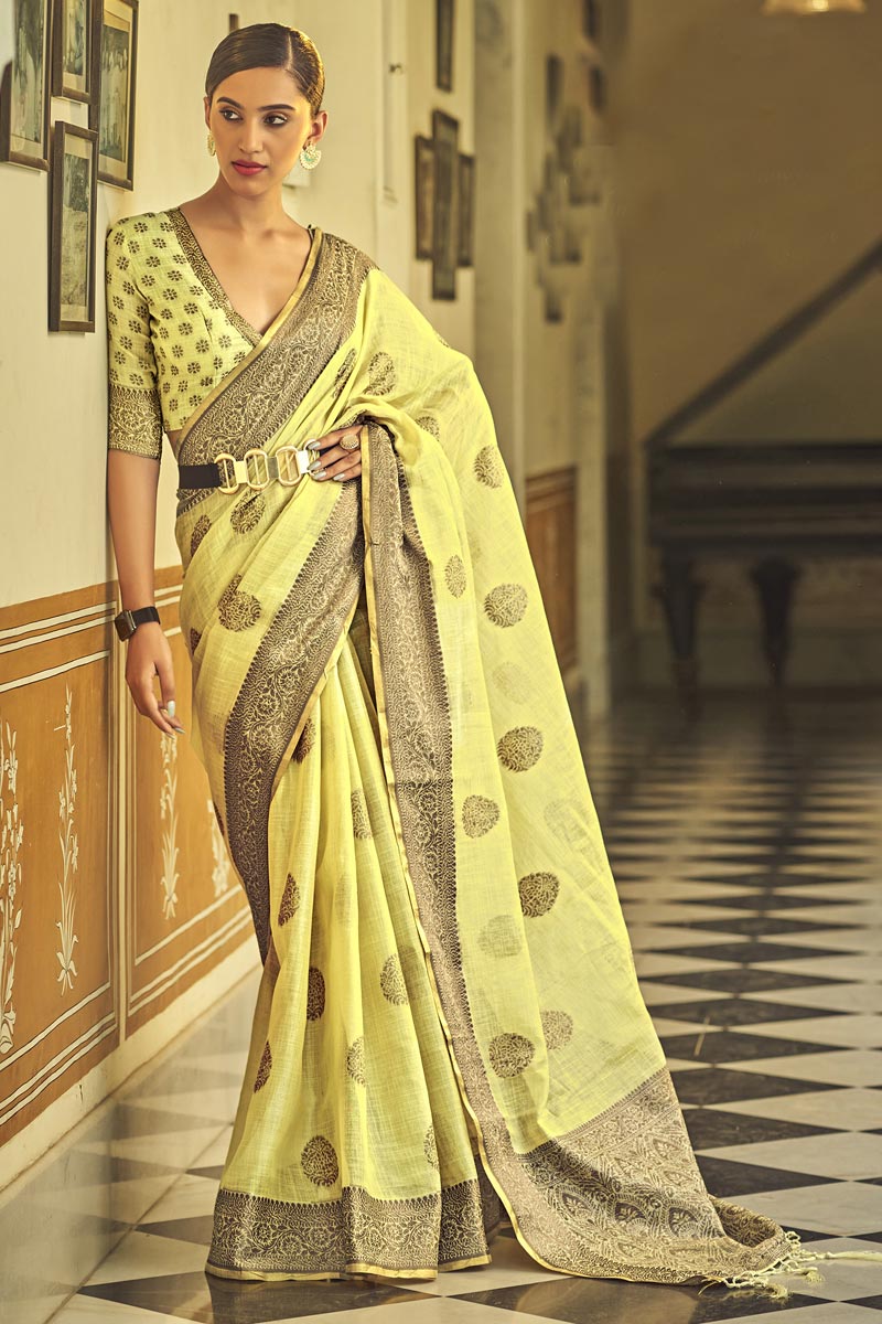 Festival Look Yellow Color Enthralling Saree In Linen Fabric