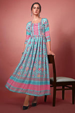 Load image into Gallery viewer, Beguiling Digital Printed Cyan Color Chinon Kurti
