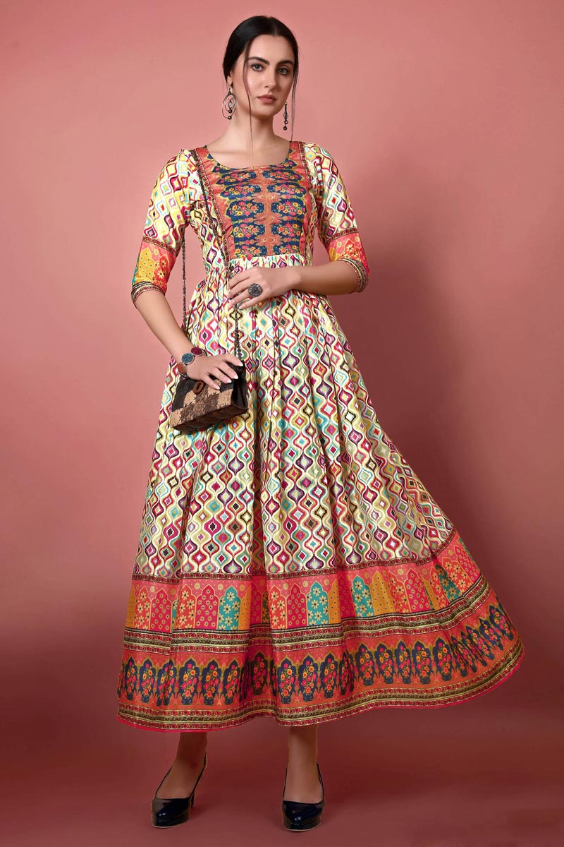 Excellent Chinon Cream Color Digital Printed Kurti