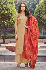 Load image into Gallery viewer, Chikoo Color Party Wear Classic Thread Embroidered Palazzo Suit In Art Silk Fabric
