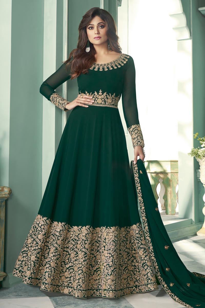 Shamita Shetty Function Wear Dark Green Color Long Length Embroidered Anarkali Suit