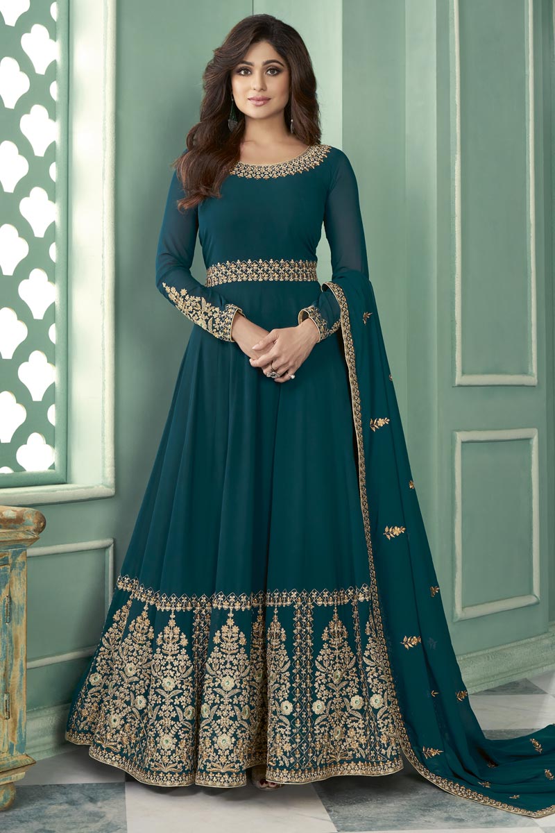 Shamita Shetty Function Wear Embroidered Teal Color Long Length Anarkali Suit