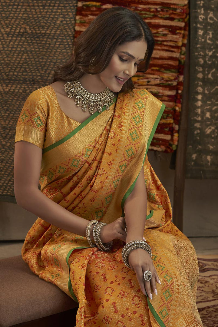 Bewitching Weaving Work On Mustard Color Saree In Art Silk Fabric