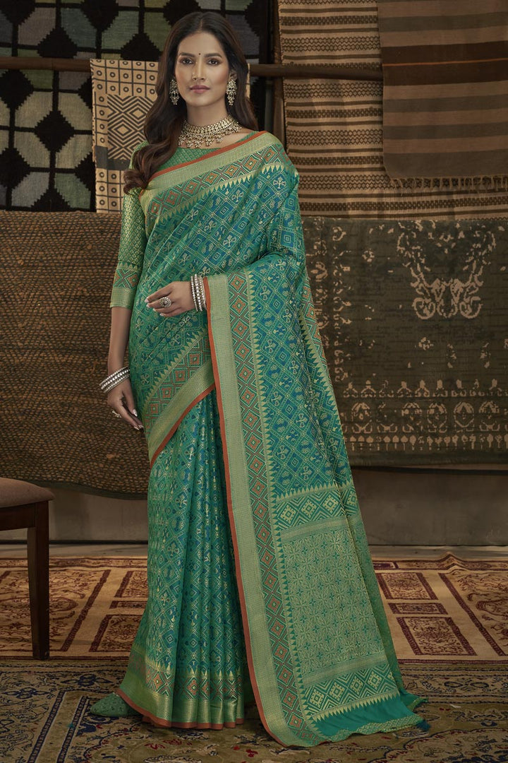 Excellent Art Silk Fabric Teal Color Weaving Designs Saree