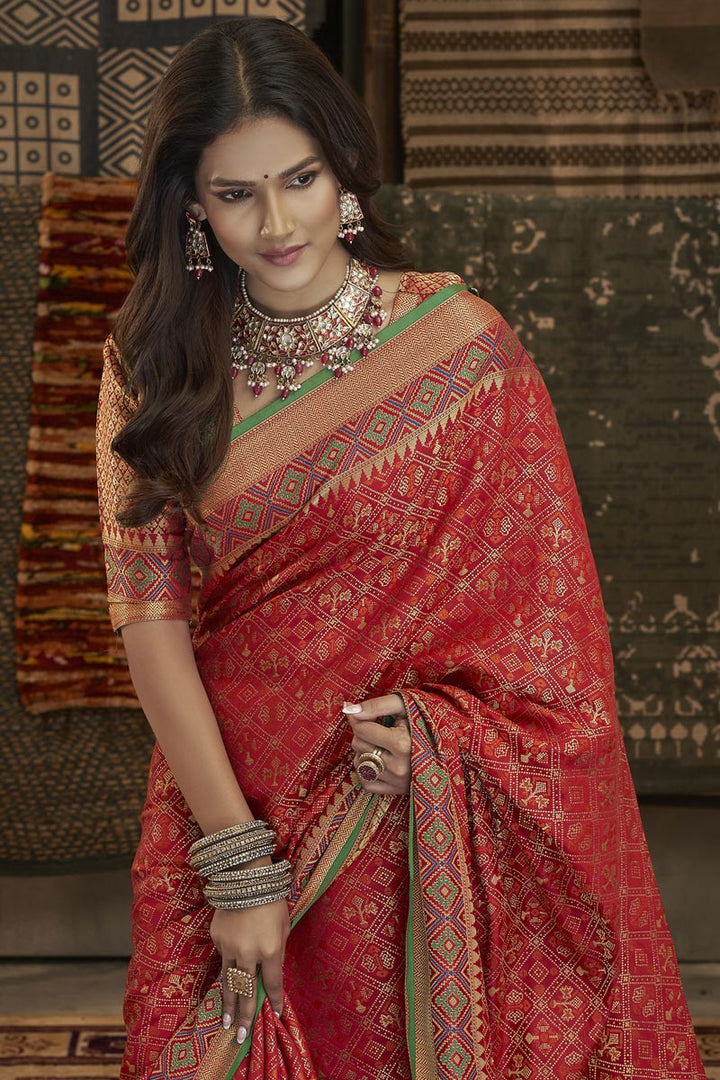 Engaging Weaving Work On Red Color Art Silk Fabric Saree