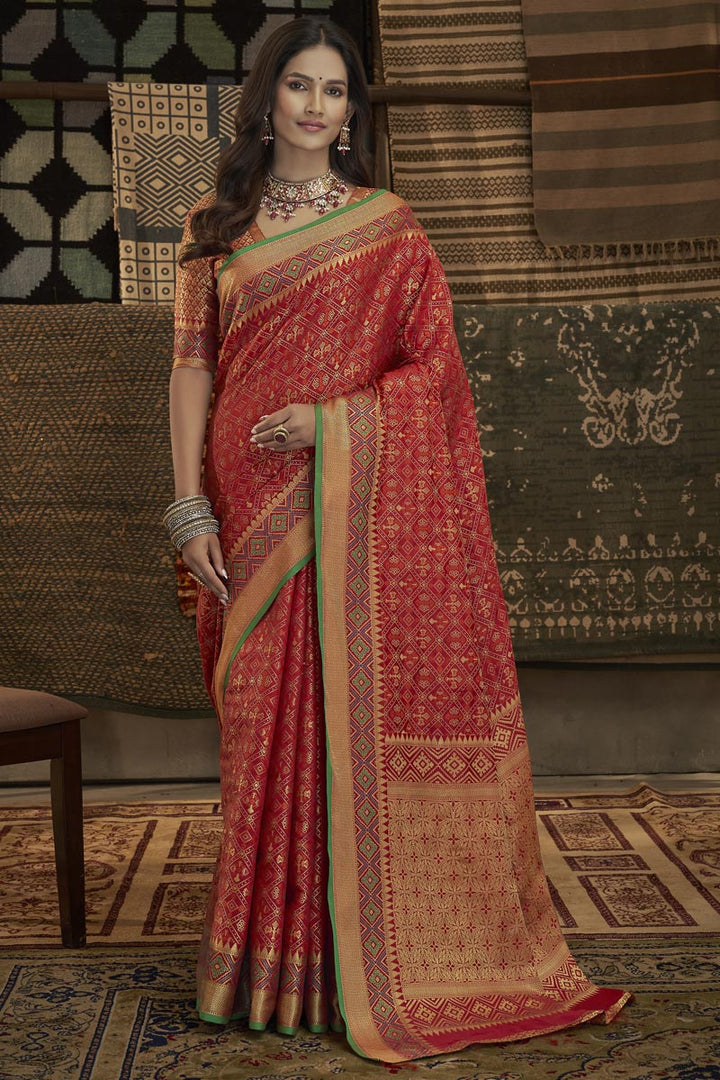 Engaging Weaving Work On Red Color Art Silk Fabric Saree