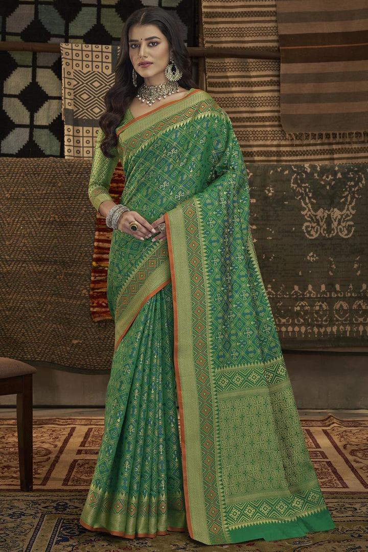 Attractive Art Silk Fabric Green Color Saree With Weaving Work