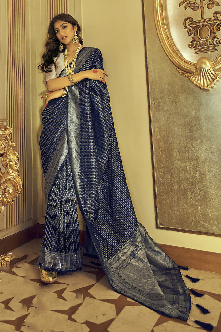 Navy Blue Color Elegant Zari Weaving Work Kanjivaram Silk Saree