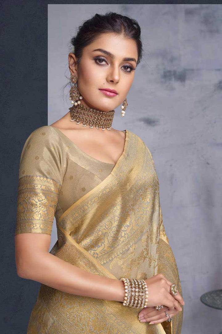 Beige Color Fancy Fabric Riveting Saree In Festival Wear