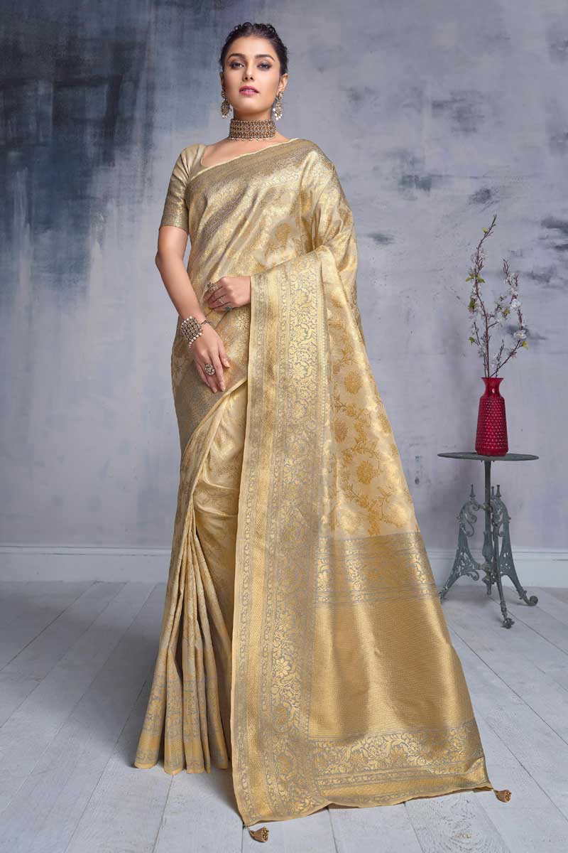 Beige Color Fancy Fabric Riveting Saree In Festival Wear