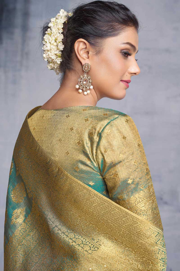 Fancy Fabric Teal Color Festival Wear Imperial Saree