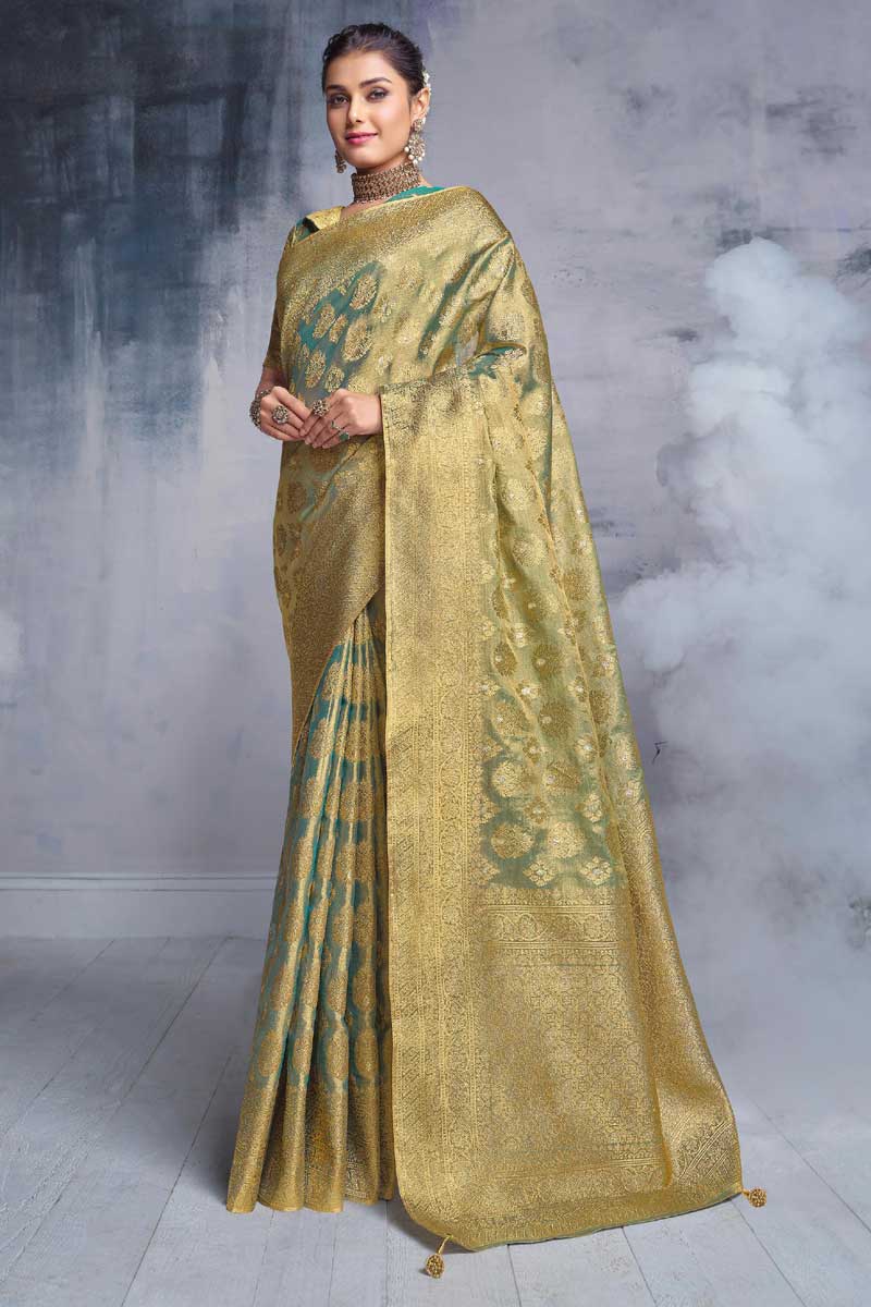 Fancy Fabric Teal Color Festival Wear Imperial Saree