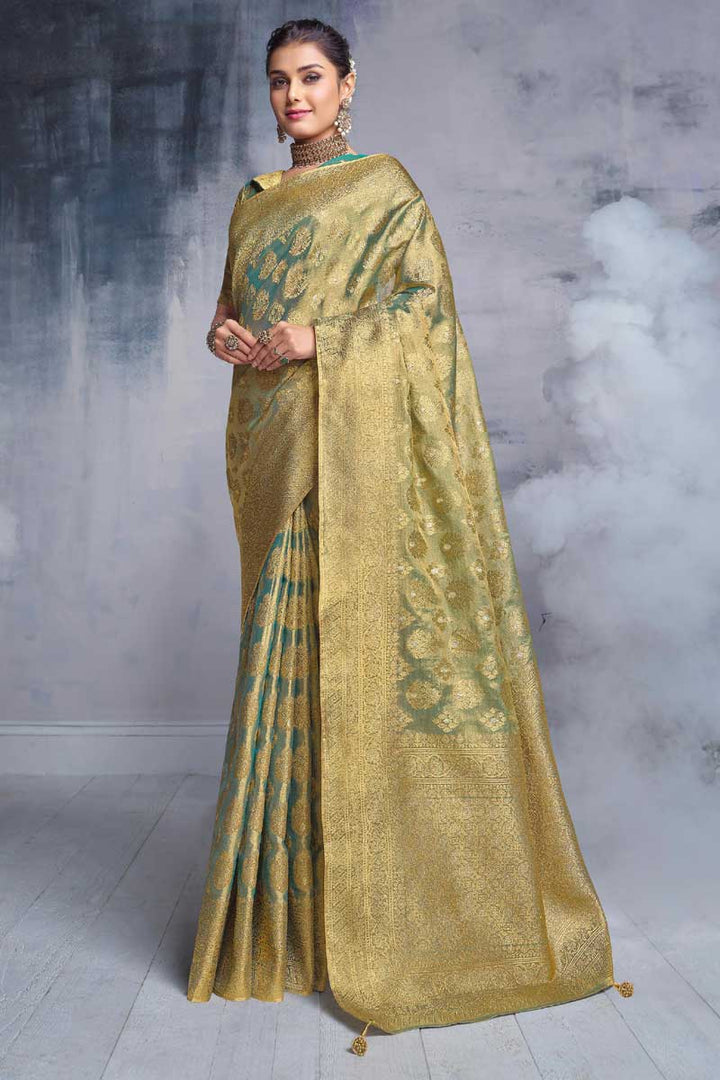 Fancy Fabric Teal Color Festival Wear Imperial Saree