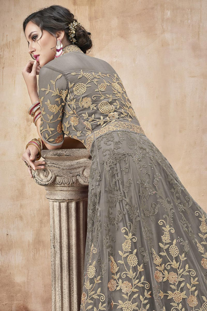 Net Fabric Party Style Grey Embroidered Floor Length Anarkali Suit