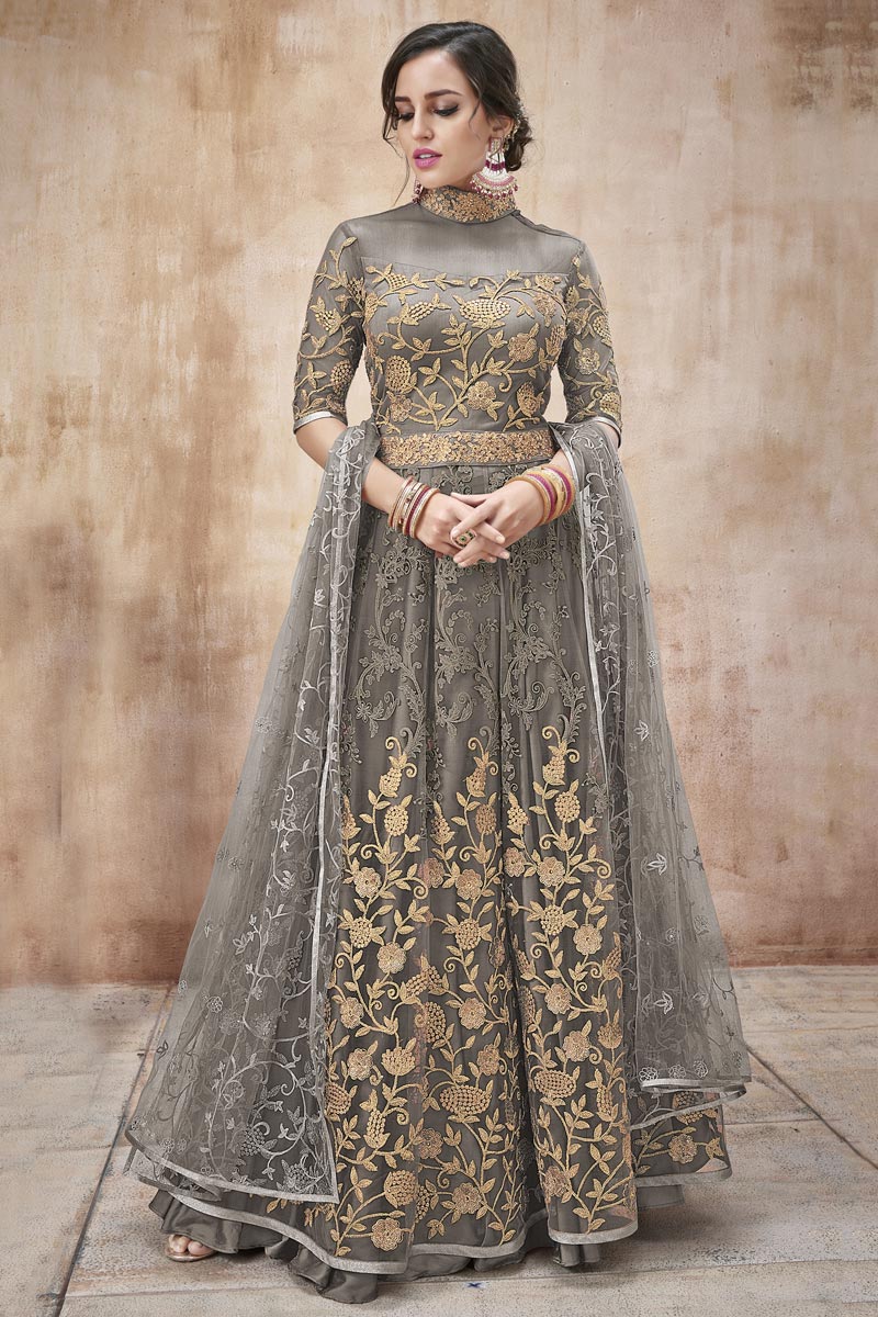 Net Fabric Party Style Grey Embroidered Floor Length Anarkali Suit