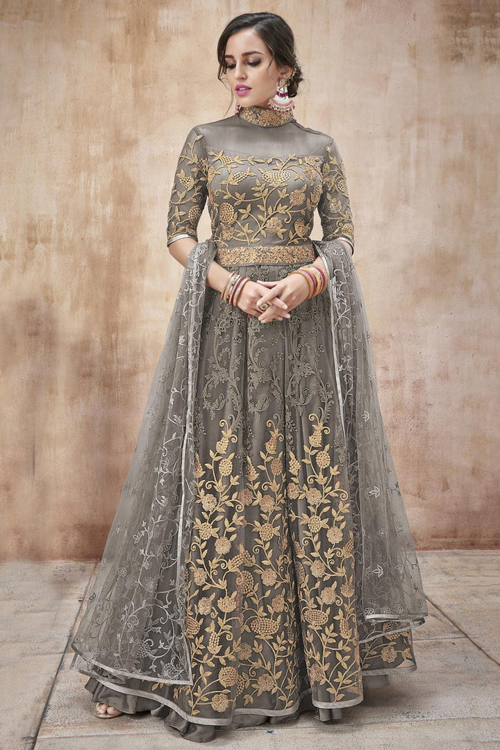 Net Fabric Party Style Grey Embroidered Floor Length Anarkali Suit