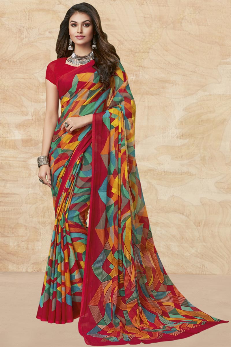 Chiffon Fabric Daily Wear Elegant Red Color Printed Saree