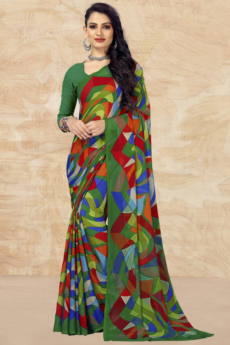 Green Color Elegant Chiffon Fabric Printed Daily Wear Saree