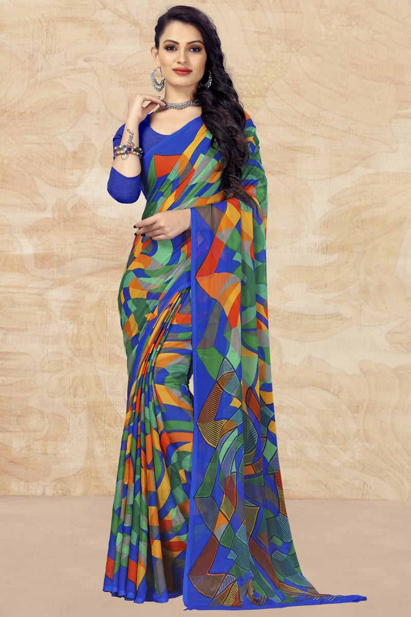Chiffon Fabric Elegant Blue Color Daily Wear Printed Saree