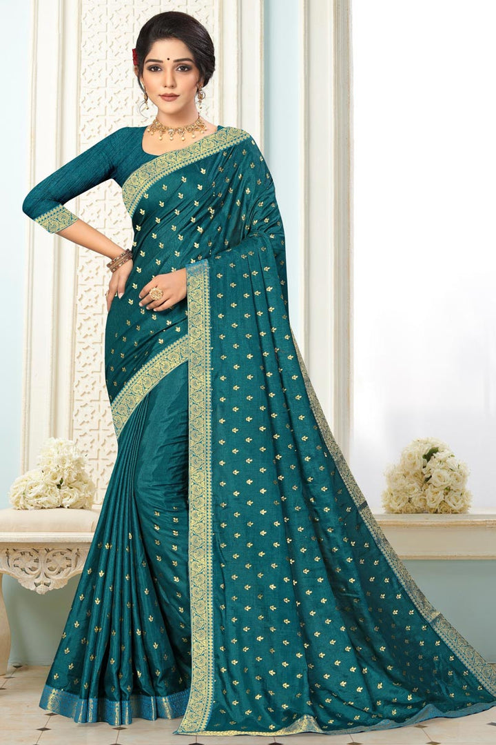 Designer Art Silk Fabric Function Wear Lace Work Saree In Teal Color