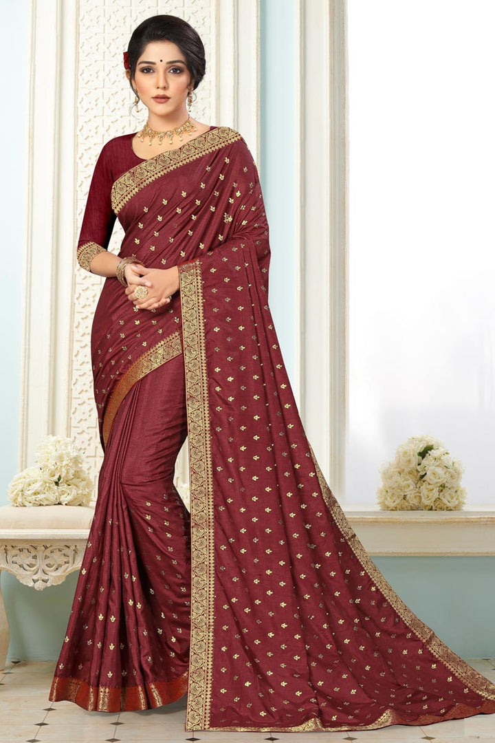 Art Silk Fabric Party Wear Maroon Color Lace Work Saree