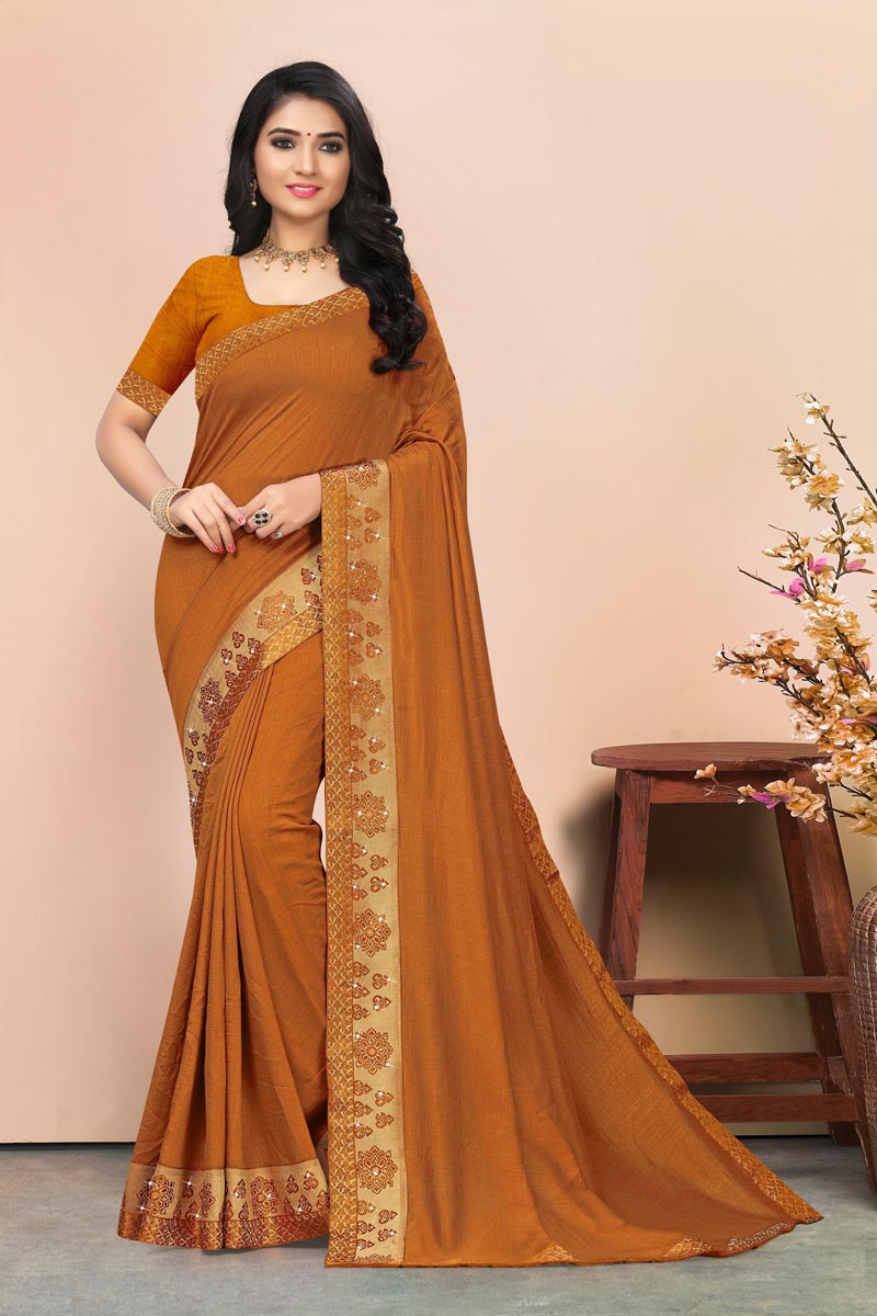 Daily Wear Rust Color Fancy Art Silk Fabric Lace Work Saree