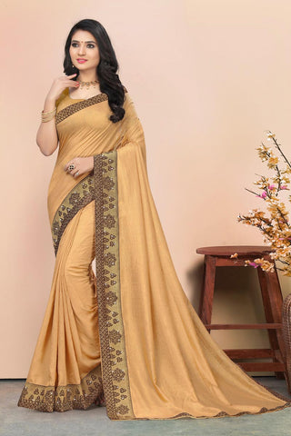 Beige Color Daily Wear Art Silk Fabric Fancy Lace Work Saree