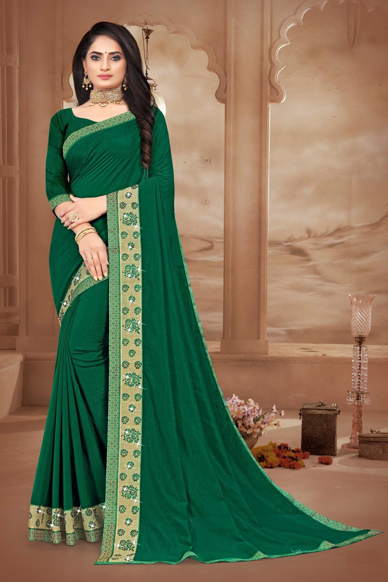 Art Silk Fabric Party Wear Lace Work Saree In Green Color