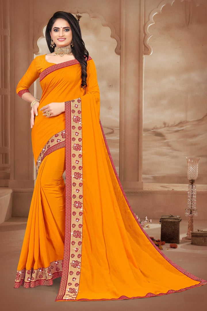 Yellow Color Traditional Lace Work Saree In Art Silk Fabric