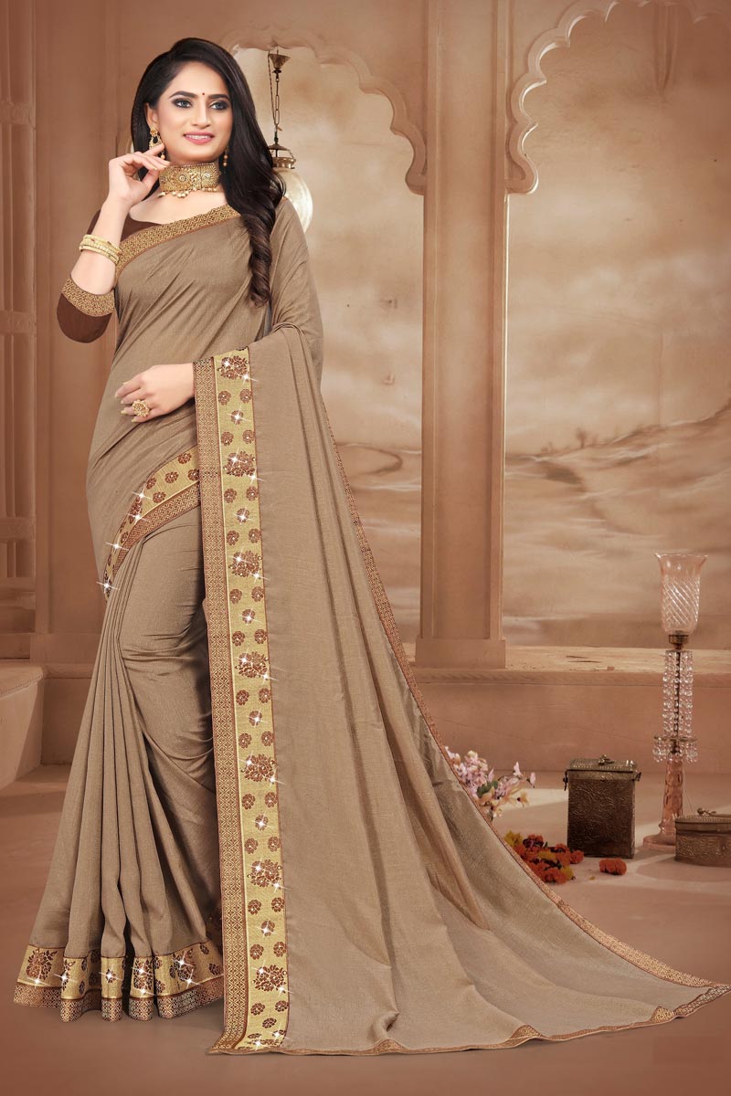 Art Silk Fabric Dark Beige Color Designer Lace Work Saree