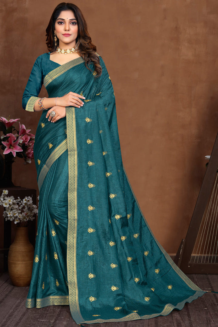 Casual Look Art Silk Fabric Teal Color Elegant Saree