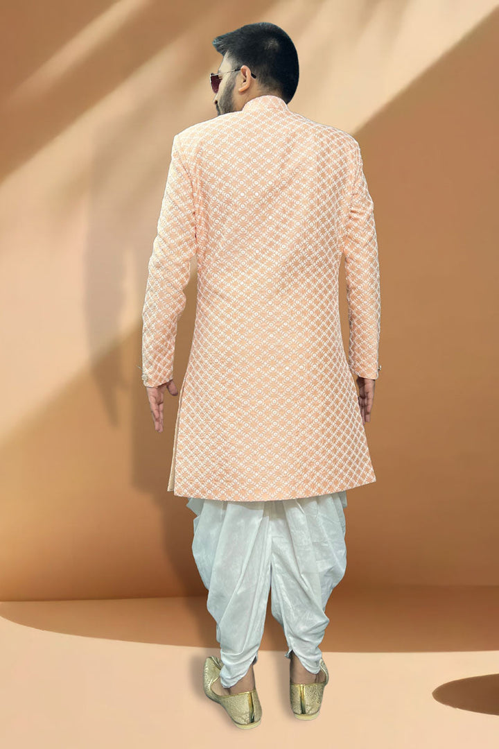 Appealing Peach Silk Peshawari Style Indo Western Set