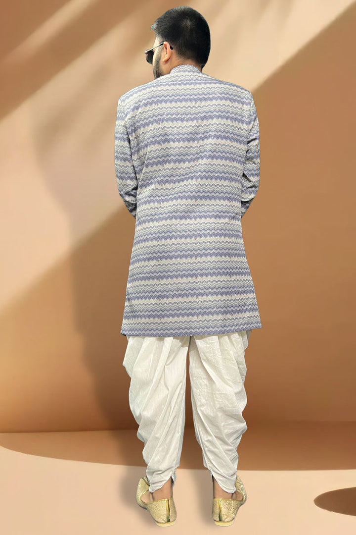 Attractive Blue, Grey And Grey Peshawari Style Indo Western Set In Silk Fabric