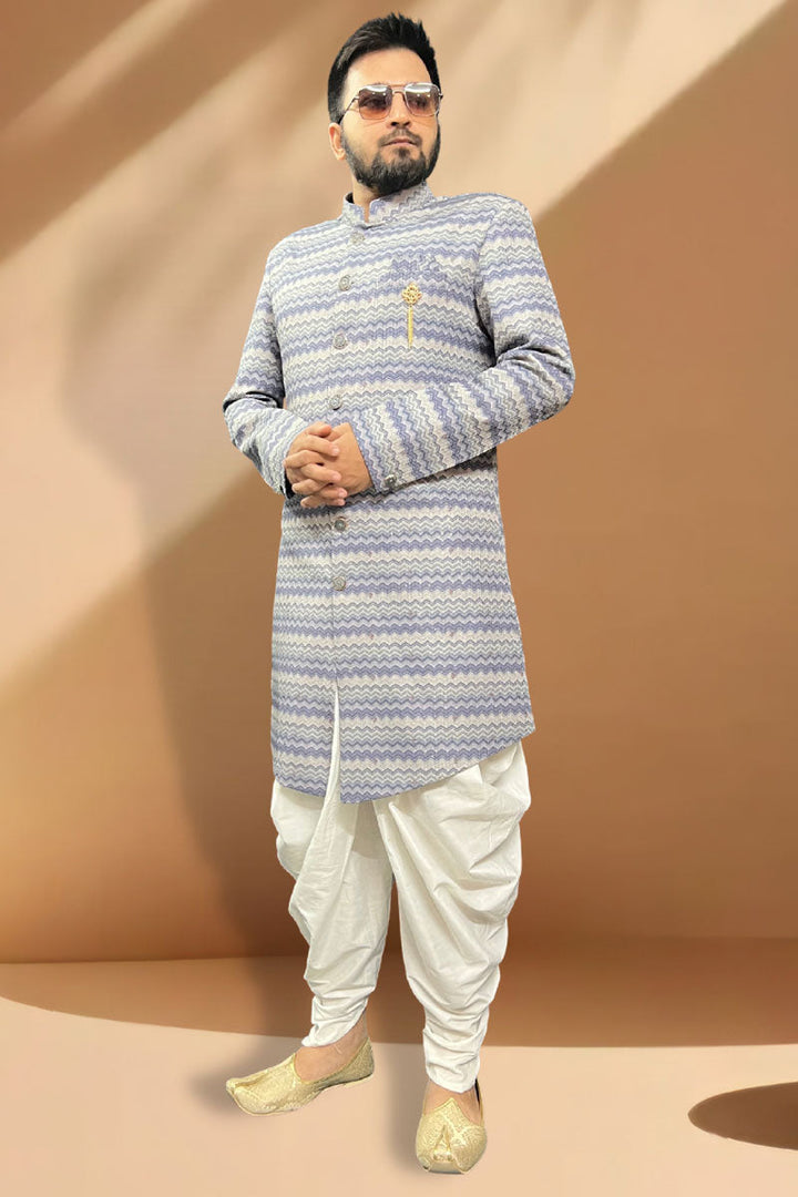 Attractive Blue, Grey And Grey Peshawari Style Indo Western Set In Silk Fabric
