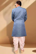 Load image into Gallery viewer, Splendiferous Blue Jacquard Peshawari Style Indo Western Set
