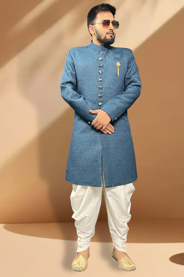 Splendiferous Blue Jacquard Peshawari Style Indo Western Set