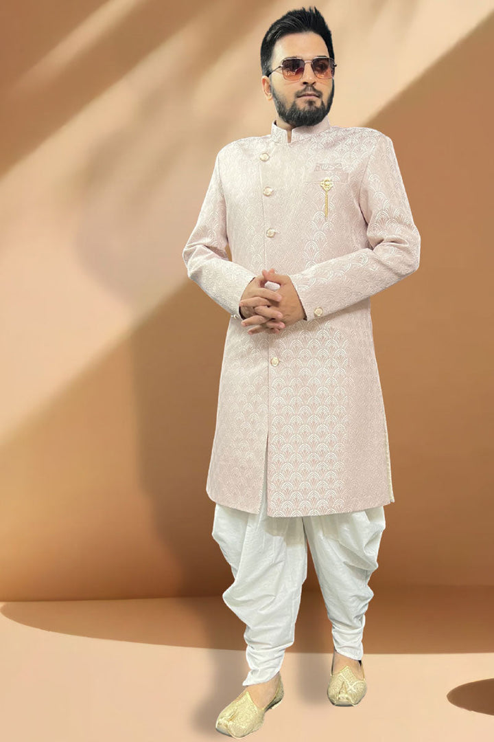 Graceful Pink Jacquard Peshawari Style Indo Western Set