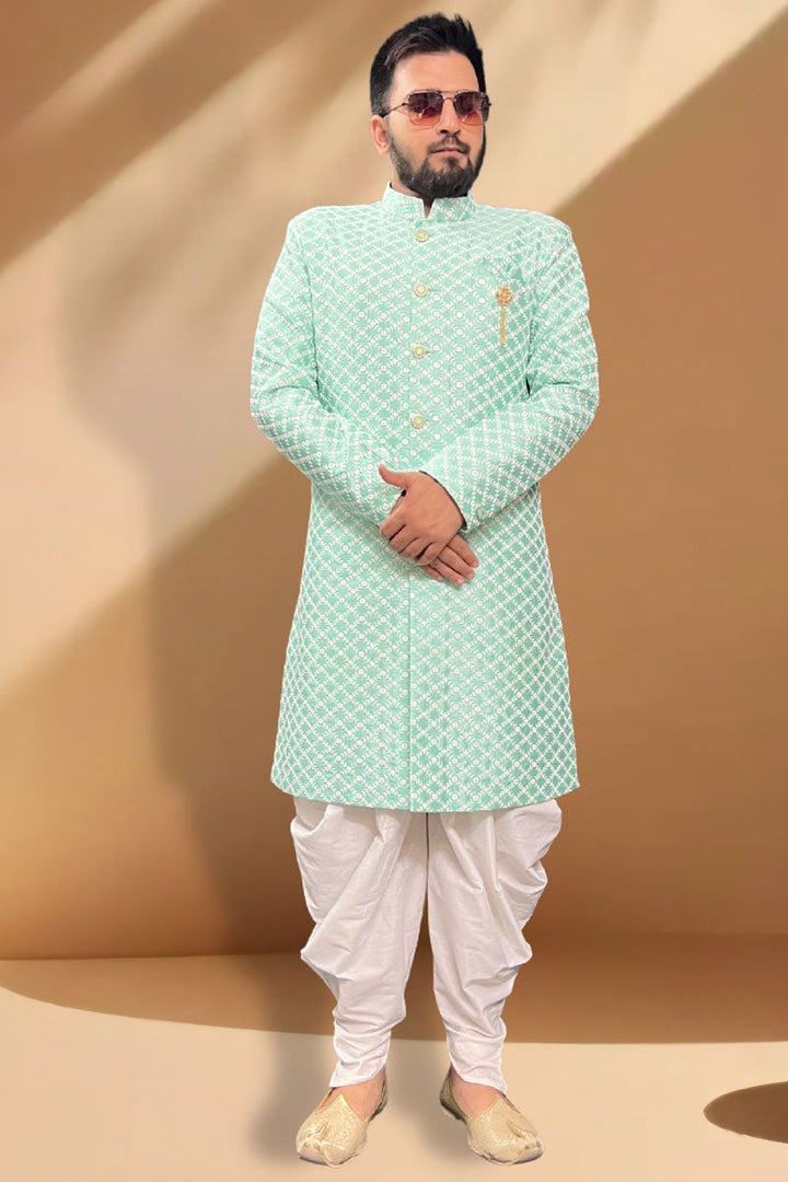 Silk Peshawari Style Indo Western Set In Artistic Cyan Color