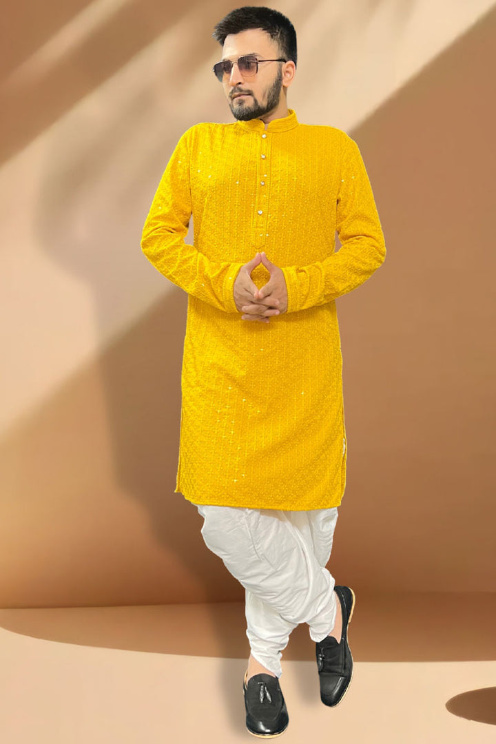 Adorning Yellow Rayon Peshawari Style Indo Western Set