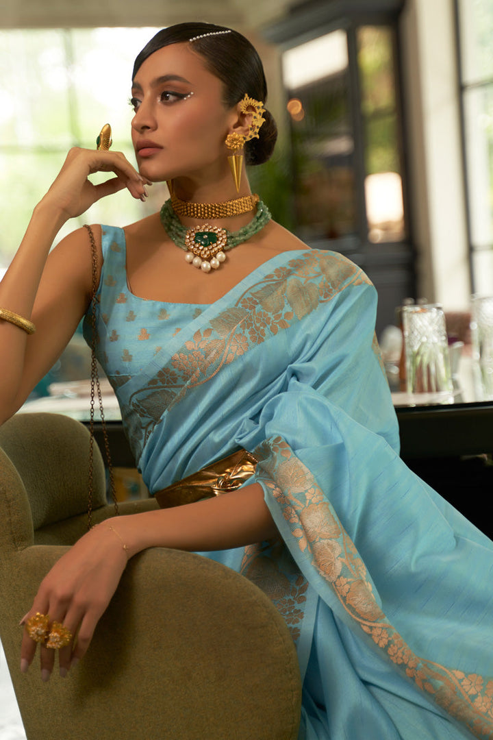 Silk Traditional Saree In Cyan Color