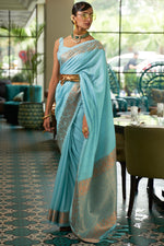 Load image into Gallery viewer, Silk Traditional Saree In Cyan Color
