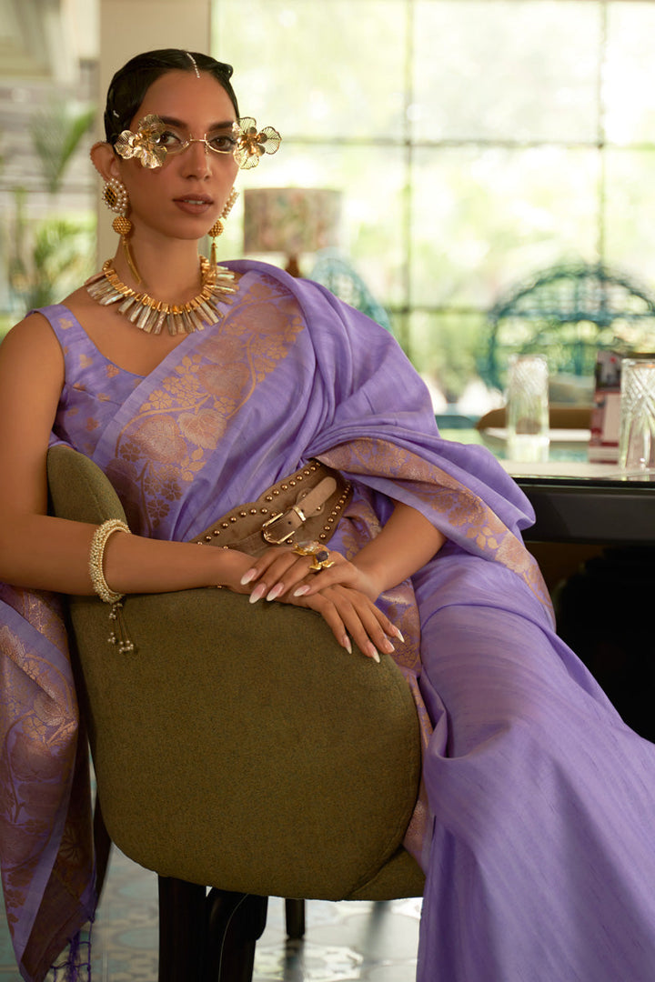 Silk Lavender Color Weaving Zari Work Classic Saree