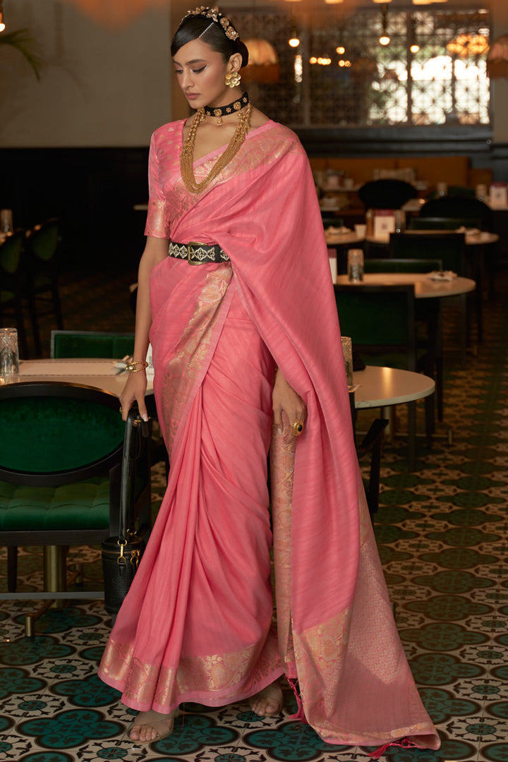Silk Weaving Zari Work Saree In Pink