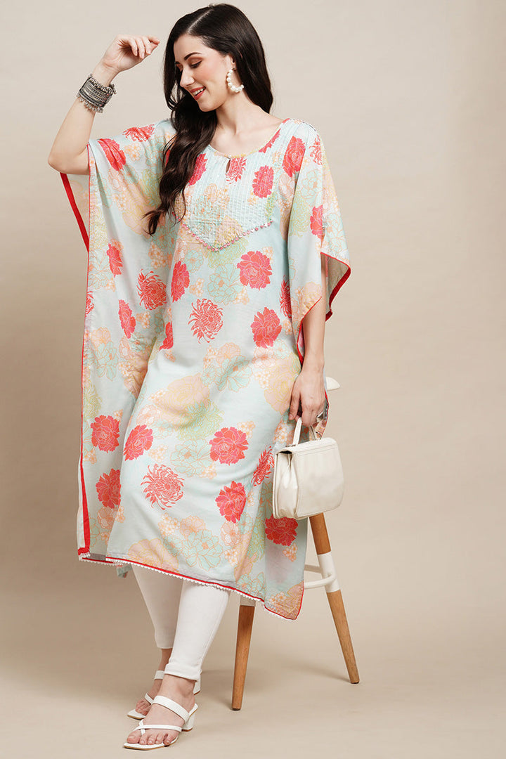 Sea Green Color Chinon Fabric Printed Stunning Kaftan Style Kurti