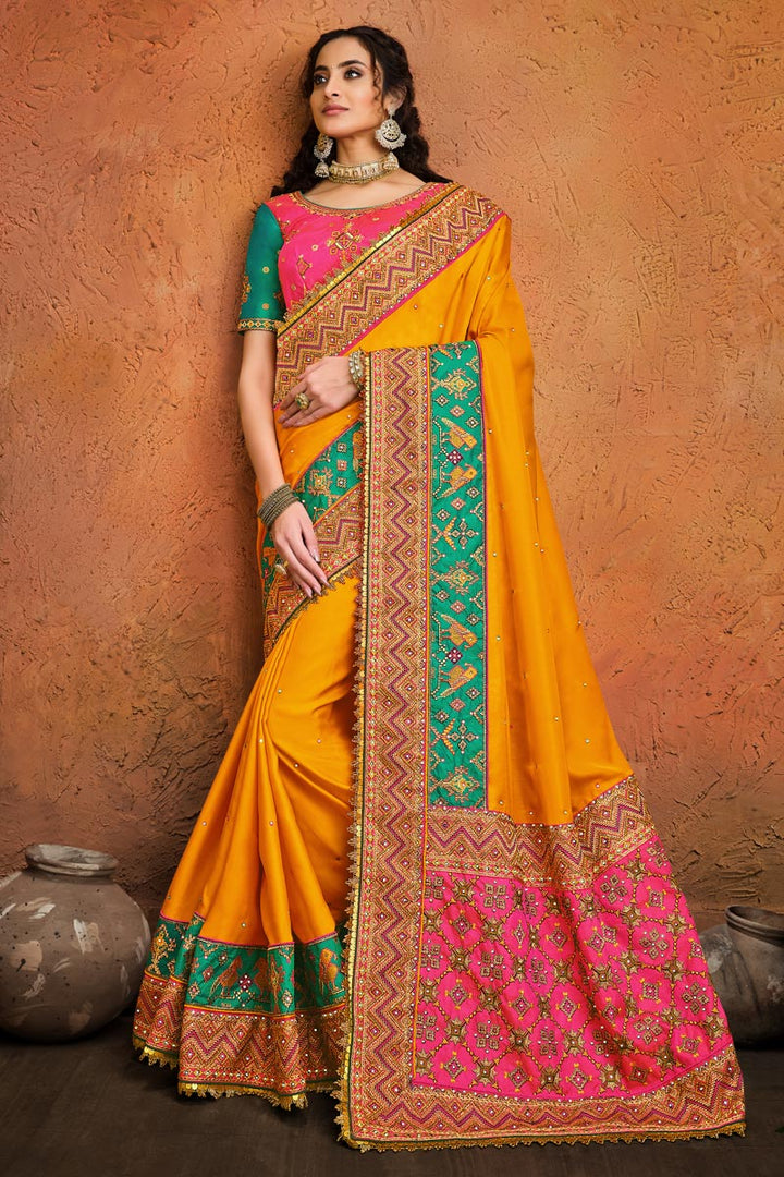 Fancy Satin Fabric Puja Wear Mustard Color Embroidery Work Saree