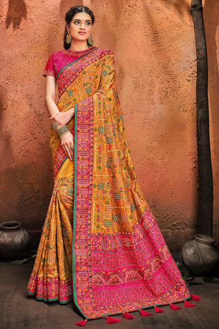 Festive Wear Banarasi Silk Fabric Fancy Embroidery Work Saree In Yellow Color